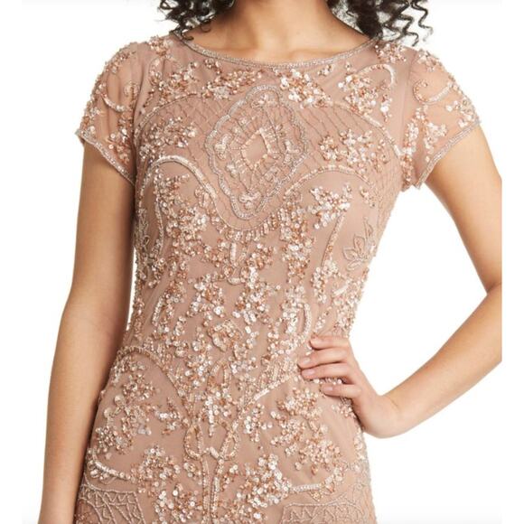 PISARRO NIGHTS New Beige Nude Beaded Mesh Midi Cocktail Dress Holiday NWT Sz 4 - Picture 2 of 11